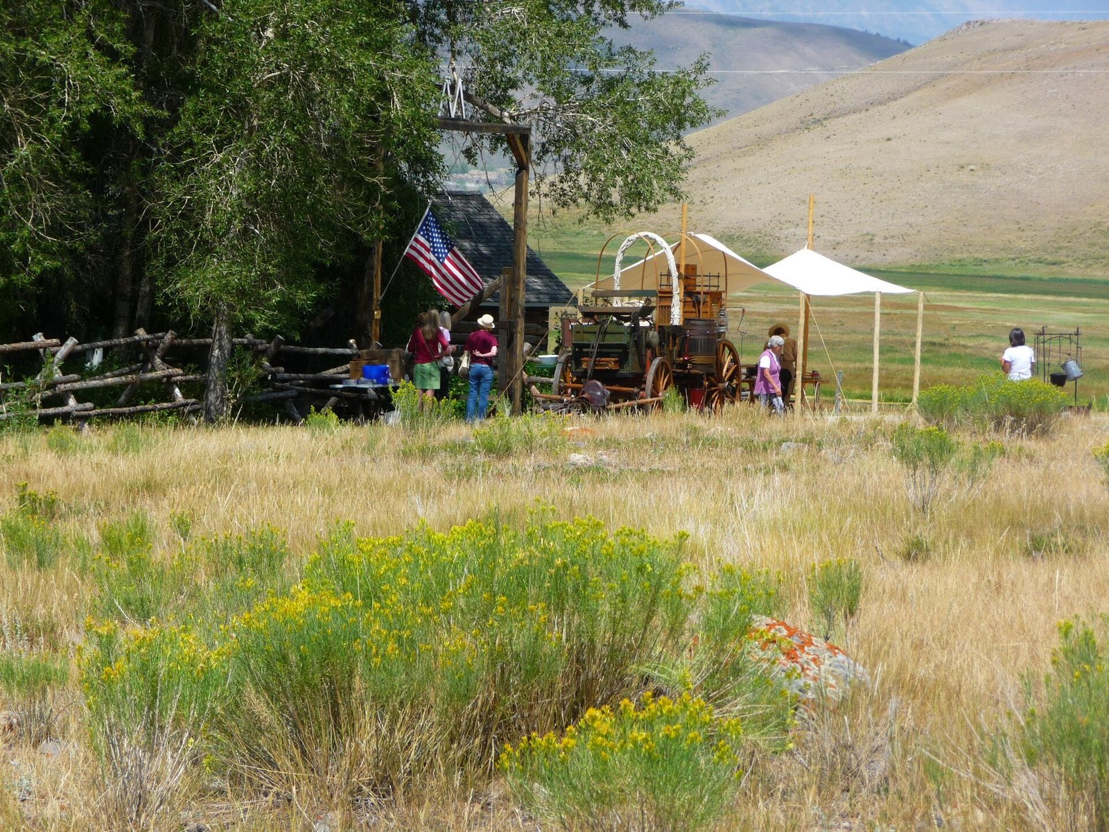 A chuckwagon parked under trees on open rangeland with a canvas fly rigged beside it, a flag flying, and a handful of people gathered around it, grass and yellow rabbitbrush in the foreground.