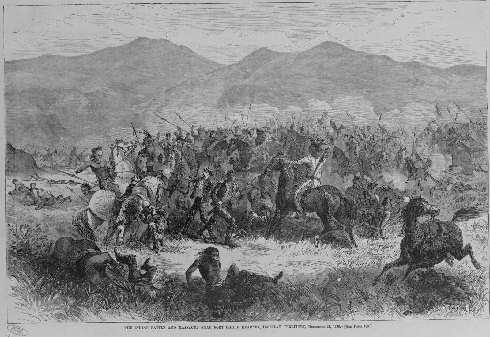Wood engraving of mounted and dismounted warriors closing on a small cluster of soldiers in open grassland, dead men and loose horses in the foreground and a mountain range behind.