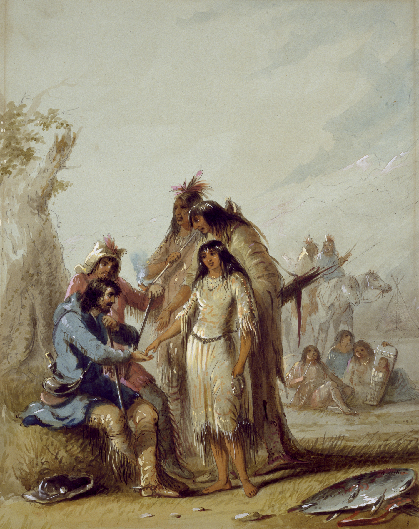 Alfred Jacob Miller's 1837 painting The Trapper's Bride, depicting a fur-trade era mountain man in full frontier kit including leather bag, rifle, and powder horn in a Wyoming wilderness setting.