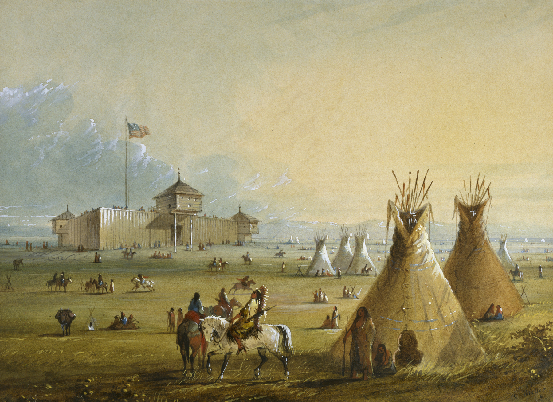 Alfred Jacob Miller's painting of Fort Laramie, showing the whitewashed adobe-walled trading post on the plains with tipis camped outside the walls.