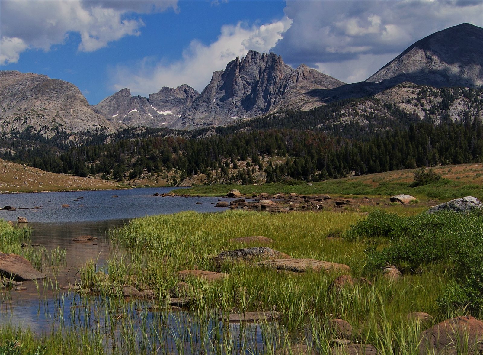 Mount Bonneville's granite spires rising over a shallow alpine lake and green meadow in the Bridger Wilderness, Wyoming, under scattered cloud.