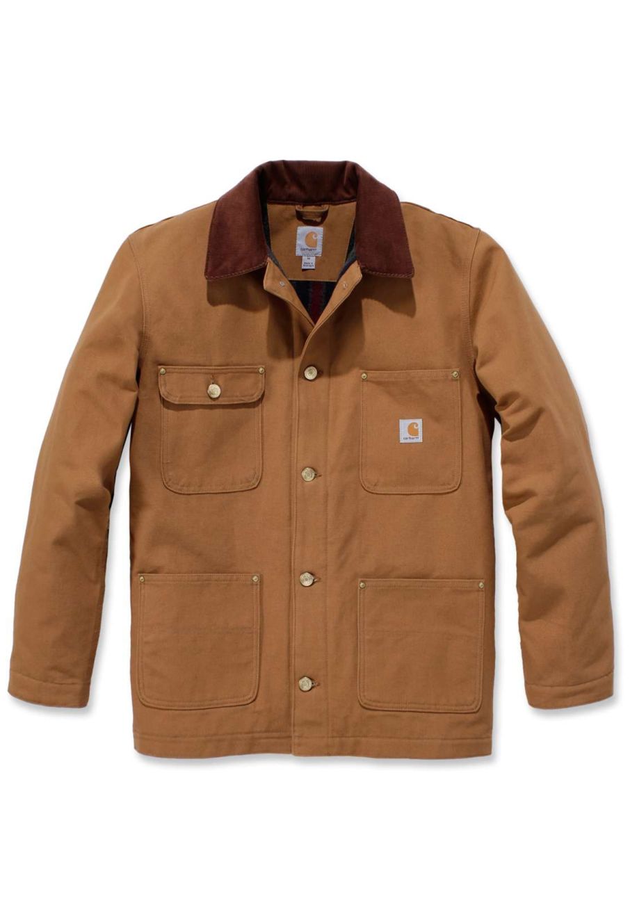 Carhartt 103825 blanket-lined chore coat in Carhartt brown, flat lay showing button front, corduroy collar, four patch pockets, and barn-coat length