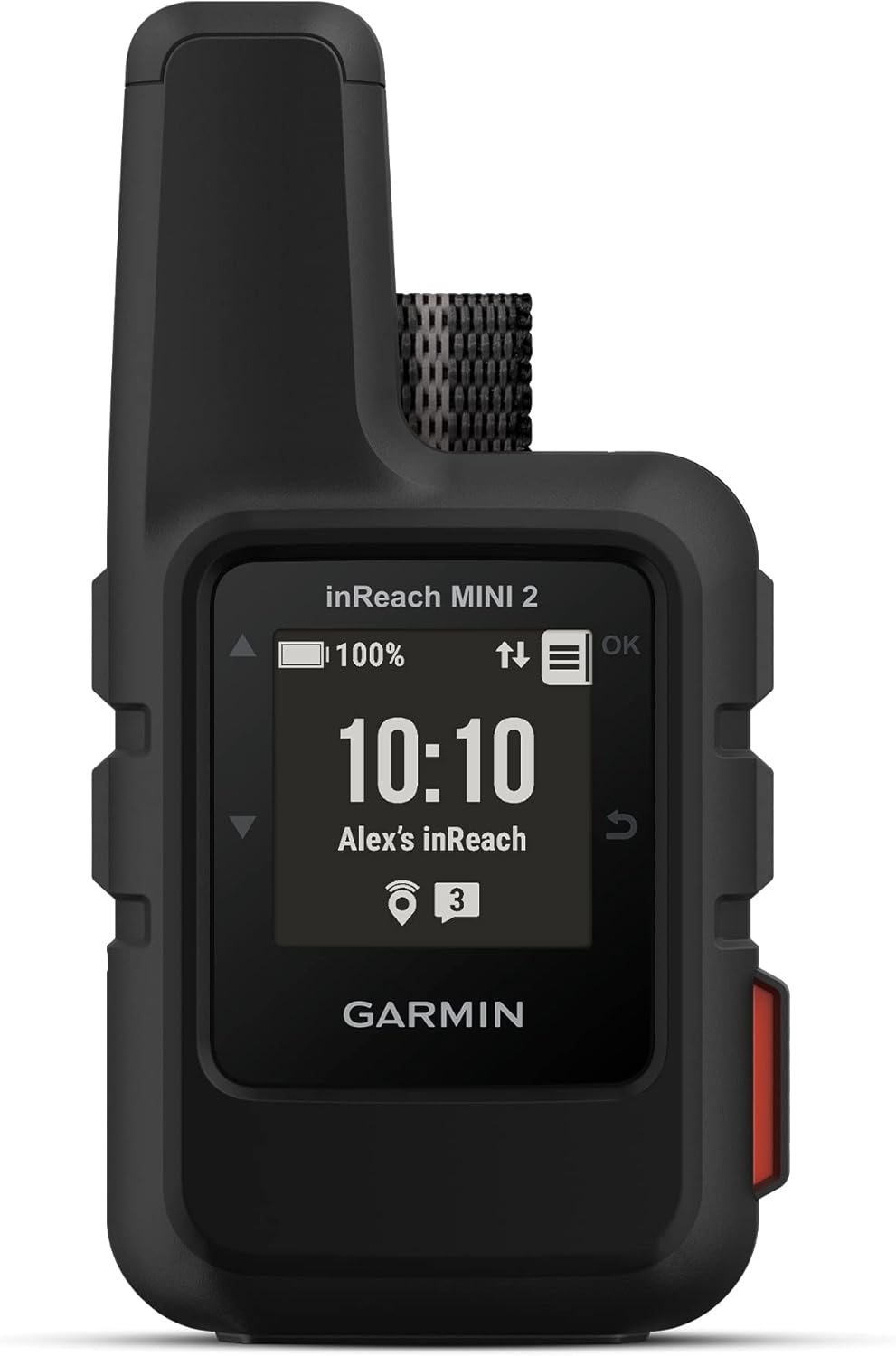 Garmin inReach Mini 2 in flame red, showing the small monochrome display screen and four physical navigation buttons on the face of the device