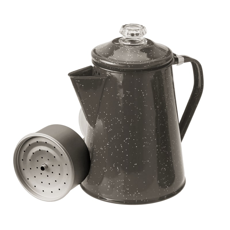 GSI Outdoors 8-cup graniteware percolator in classic gray speckle pattern, for camp stove or fire
