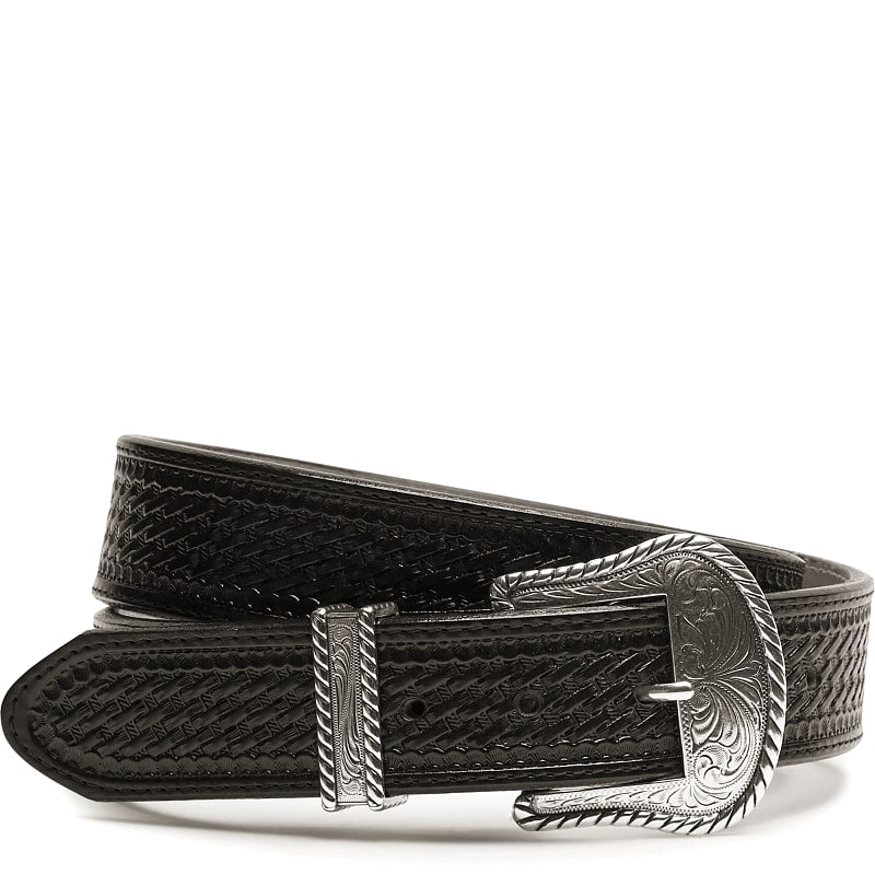 Justin Boots 1.5-inch basket-weave stamped leather belt in brown with brass buckle