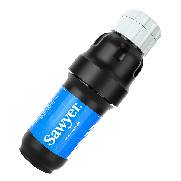 Sawyer Squeeze water filter system showing blue filter unit and collapsible squeeze pouch