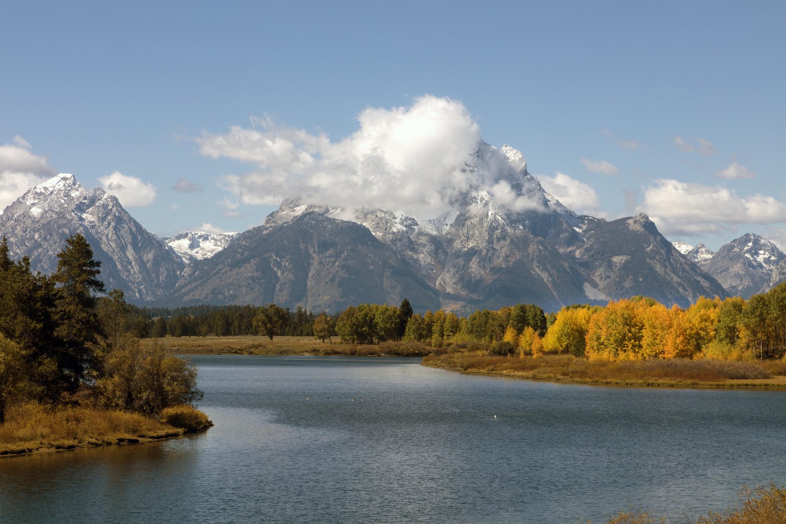 The Teton Range rising over a broad bend of the Snake River, with gold cottonwoods along the far bank in autumn.